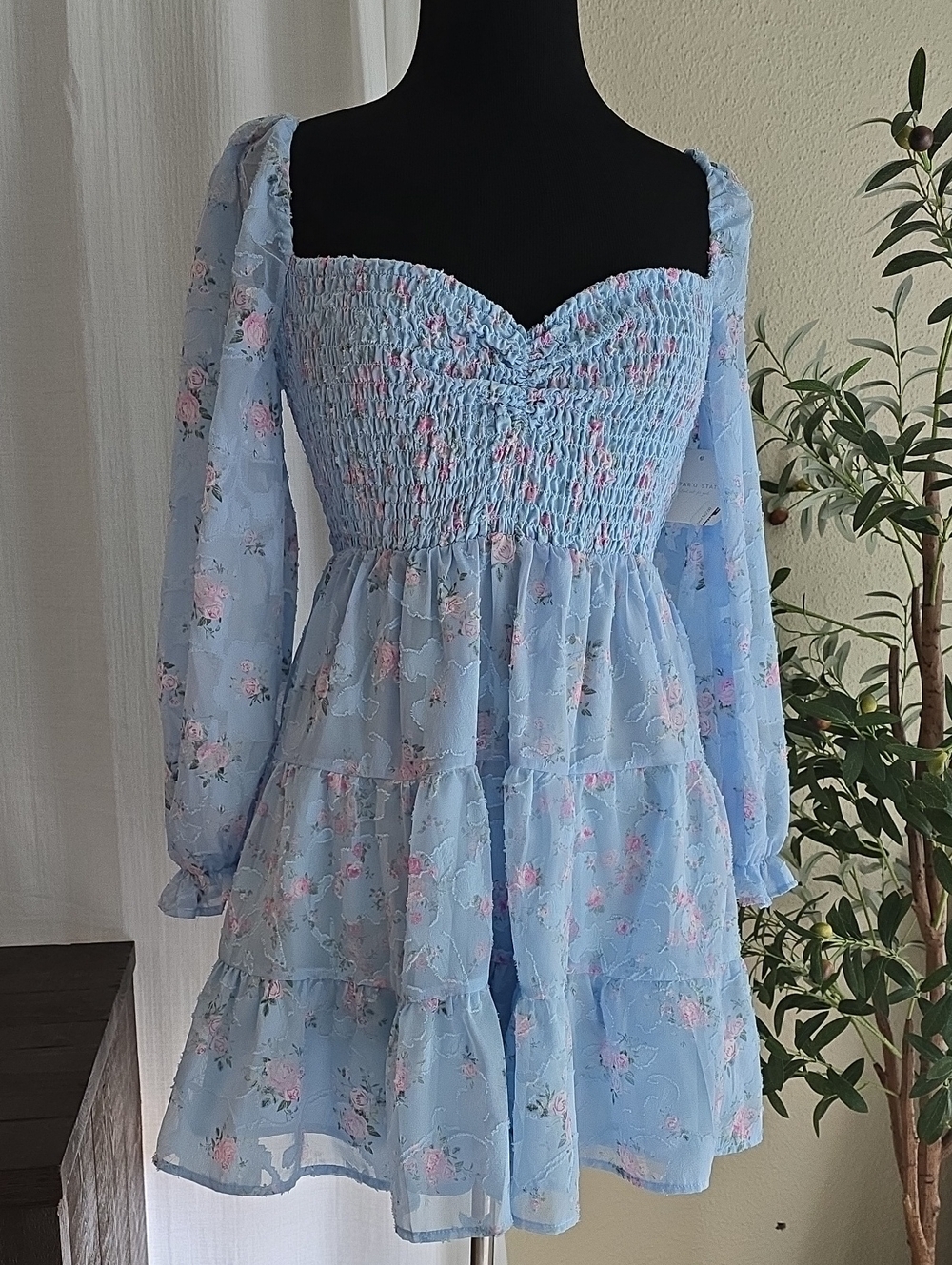 Altar'd State Light Blue Floral Smocked Long Sleeve Mini Dress